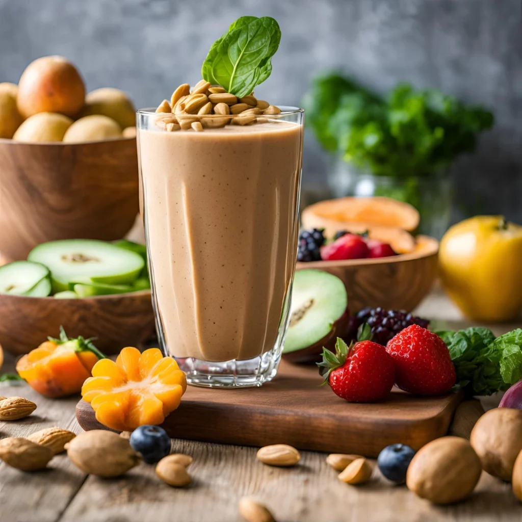 Smoothie préparé avec du beurre de cacahuète, des fruits et des légumes, illustrant ses avantages pour la gestion du poids