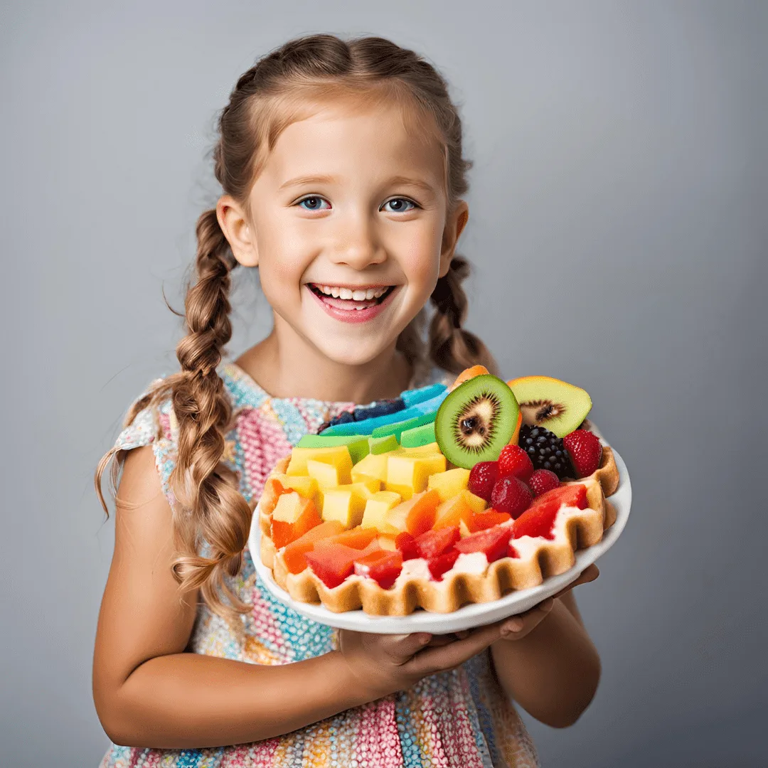 Gaufres arc-en-ciel empilées et garnies de fruits exotiques colorés, sur un fond blanc lumineux