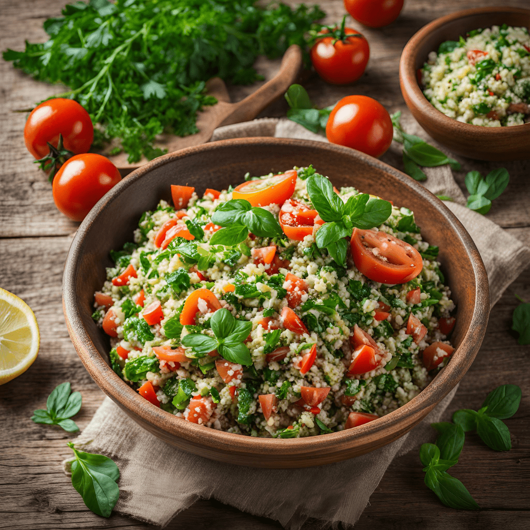 Image d'un saladier de taboulé coloré avec des tomates et des herbes fraîches sur une table rustique.