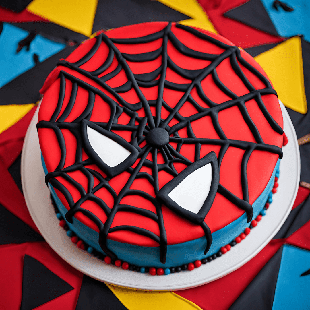 Gâteau Spiderman décoré de rouge et noir, représentant le visage du super-héros, sur une table festive.