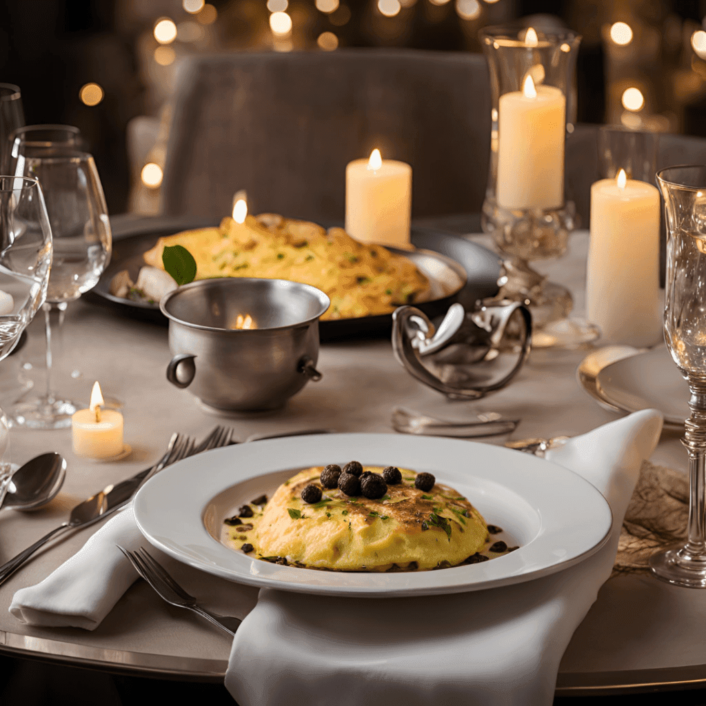 Mise en scène élégante d'une omelette gourmande aux truffes, accompagnée d'une flûte de champagne, sur fond de lumière douce des bougies.