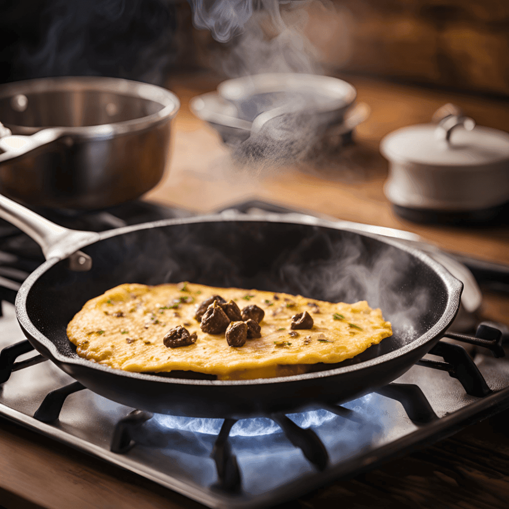 Gros plan d'une main de chef remuant une omelette crémeuse dans une poêle antiadhésive, avec de la vapeur qui s'élève et une odeur de truffe.