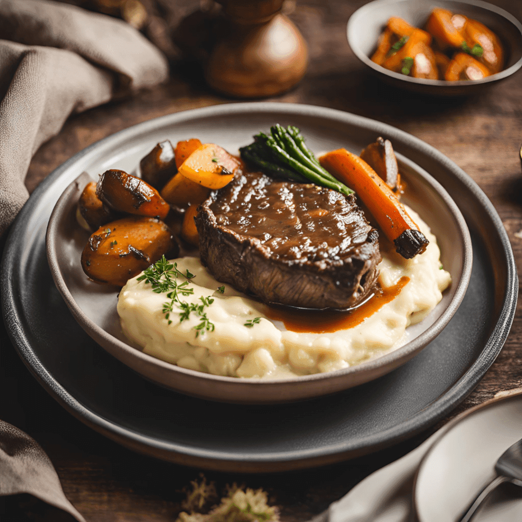 Un plat de jarret de bœuf servi avec une purée de pommes de terre crémeuse et des légumes rôtis