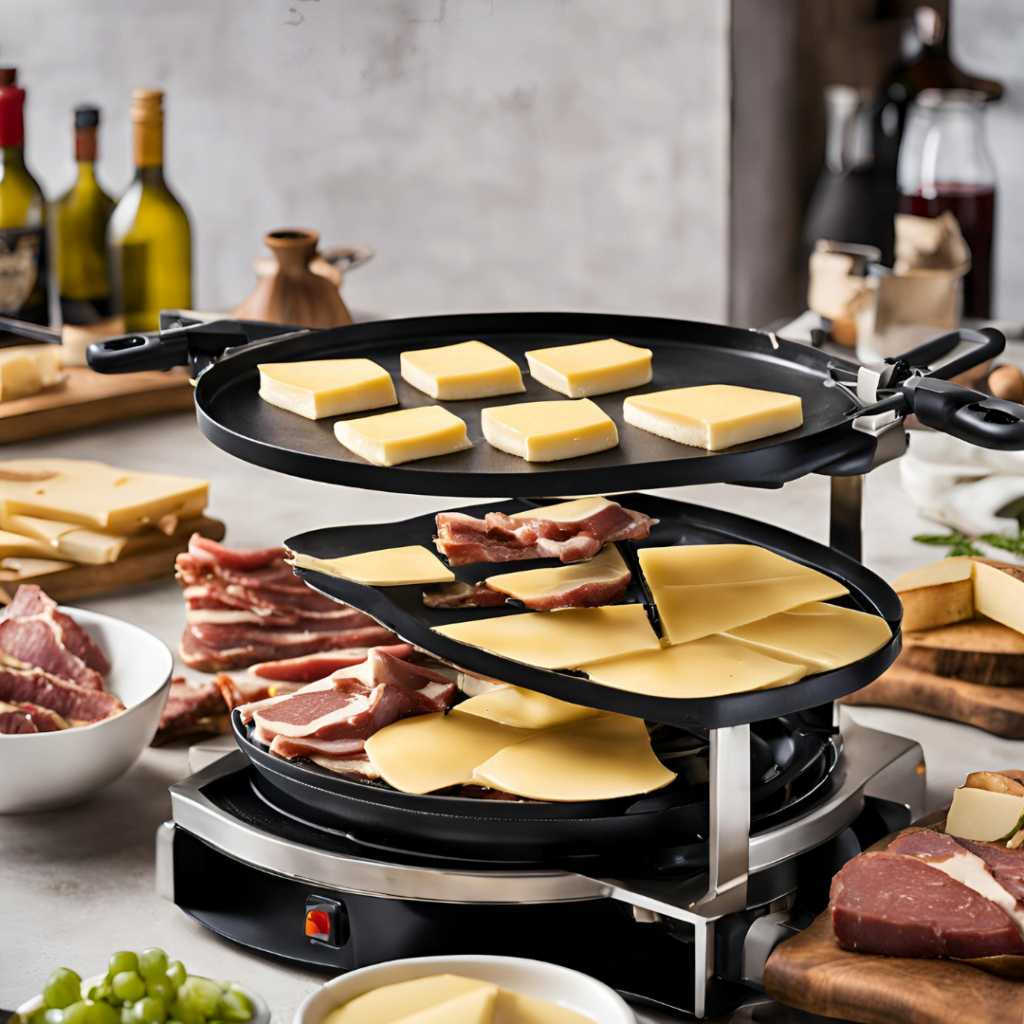 Appareil de cuisson pour raclette viande au centre d'une table, invitant à un moment de partage.
