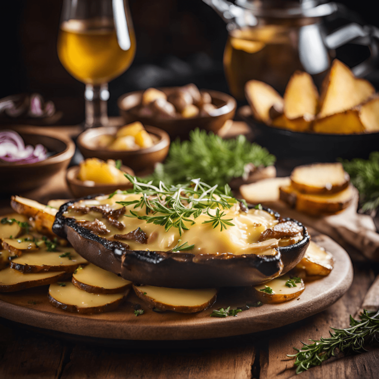 Un plat de raclette prêt à être dégusté : fromage fondu sur pommes de terre, accompagné de viande grillée, cornichons, oignons, et herbes fraîches.