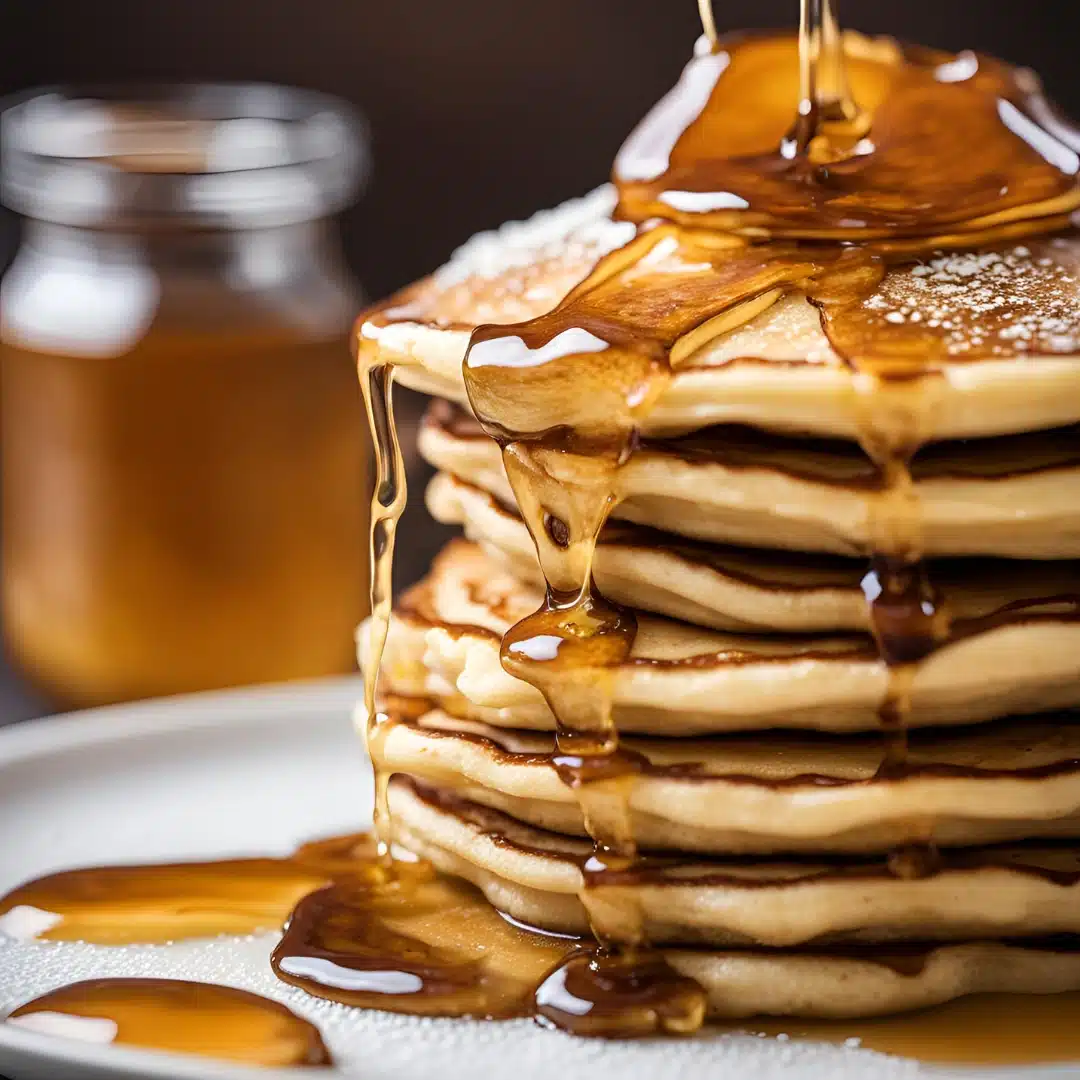 Une pile de pancakes moelleux et dorés, avec du sirop d'érable coulant sur les côtés.