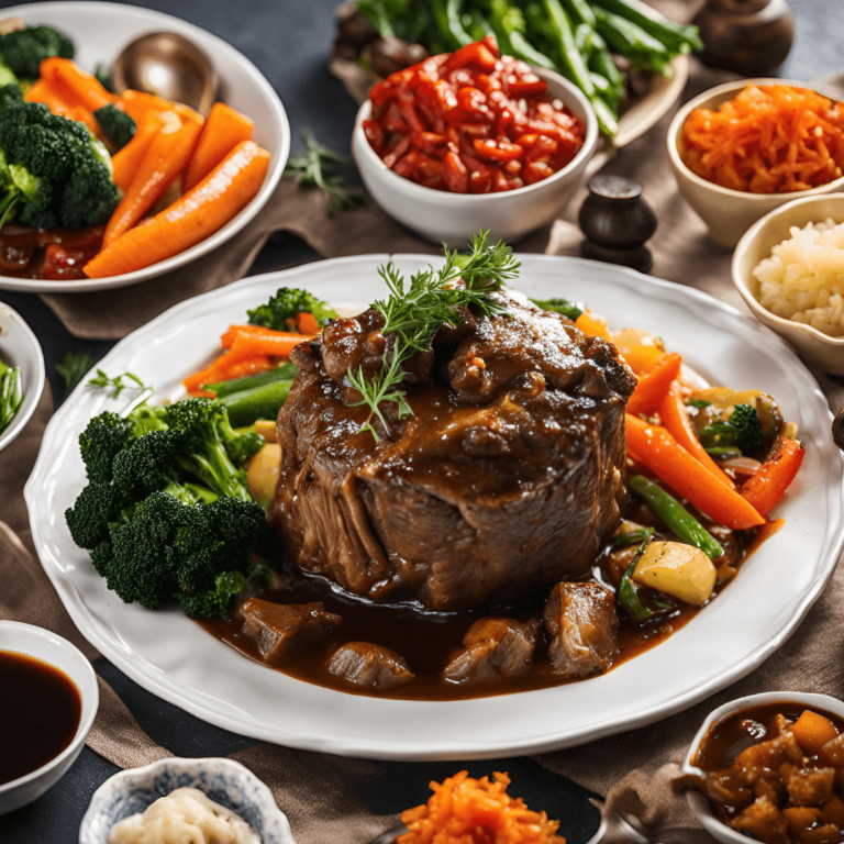 Un jarret de bœuf braisé, fumant et doré, servi dans une assiette avec des légumes colorés autour"