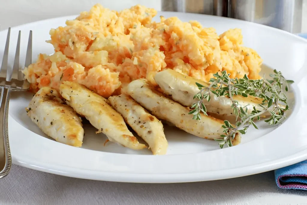 aiguillettes de poulet grillé, carottes en purée et pommes de terre