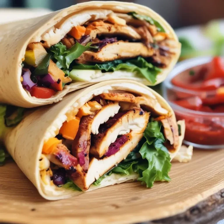 Un wrap au poulet sur une table en bois rustique, garni de crudités et de sauce yaourt