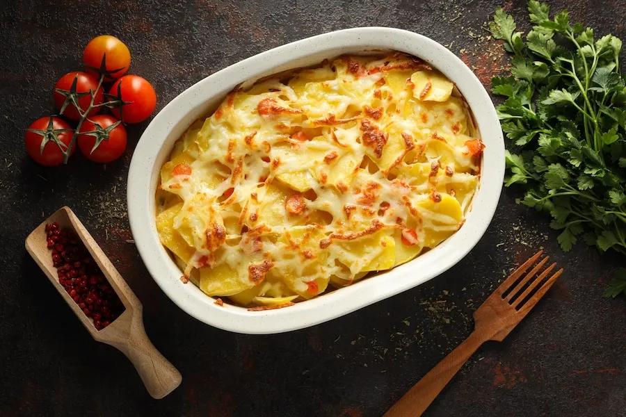 Gratin chou fleur pomme de terre​, avec une croûte légèrement dorée et appétissante